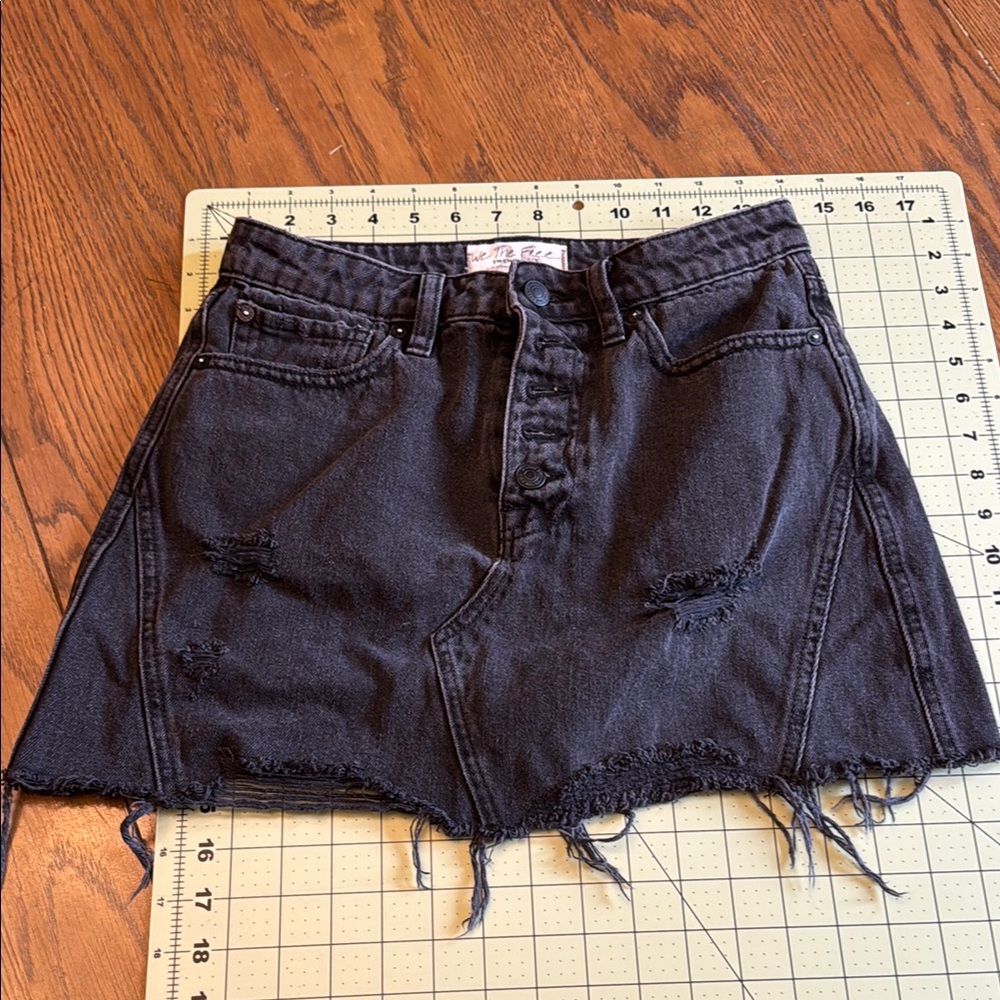 Free People Black Distressed Denim Skirt